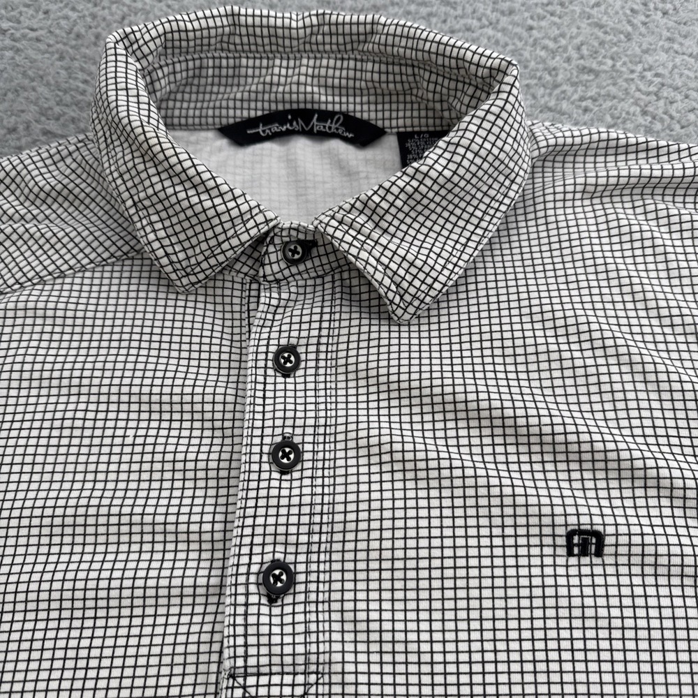 Travis Mathew Polo Shirt Mens Large Black Windowpane Golf Stretch Short Sleeve